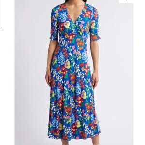 Boden Rebecca Jersey Midi Tea Dress color: Blue, Wildflower Cluster Size 14R